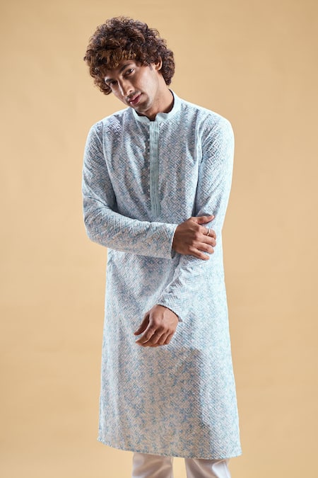 Arihant Rai Sinha_Blue Silk, Rayon Embroidery Chikankari Straight Kurta With Churidar _at_Aza_Fashions