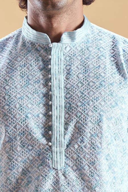 Buy_Arihant Rai Sinha_Blue Silk, Rayon Embroidery Chikankari Straight Kurta With Churidar 