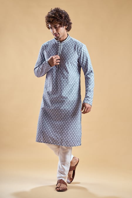 Arihant Rai Sinha Blue Soft Rayon Print Floral Jaal Straight Kurta With Churidar 