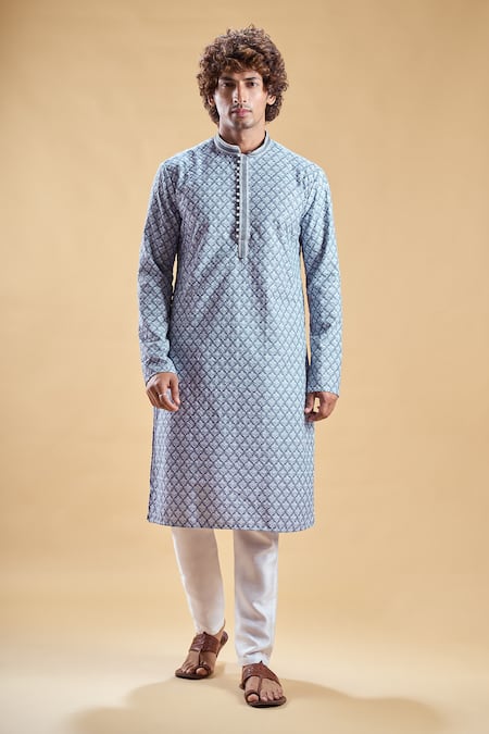 Buy_Arihant Rai Sinha_Blue Silk, Rayon Embroidery Floral Jaal Print Straight Kurta With Churidar_Online_at_Aza_Fashions