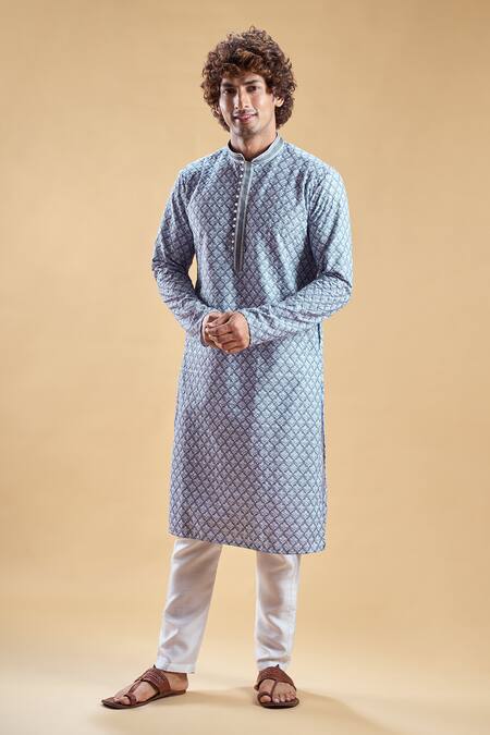 Shop_Arihant Rai Sinha_Blue Silk, Rayon Embroidery Floral Jaal Print Straight Kurta With Churidar_Online_at_Aza_Fashions