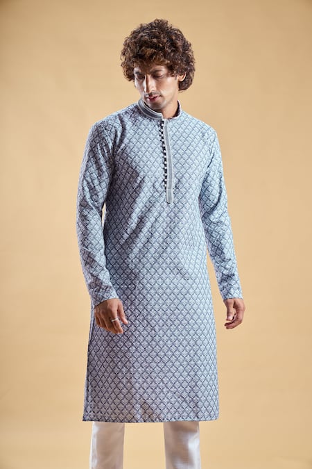 Arihant Rai Sinha_Blue Silk, Rayon Embroidery Floral Jaal Print Straight Kurta With Churidar_at_Aza_Fashions