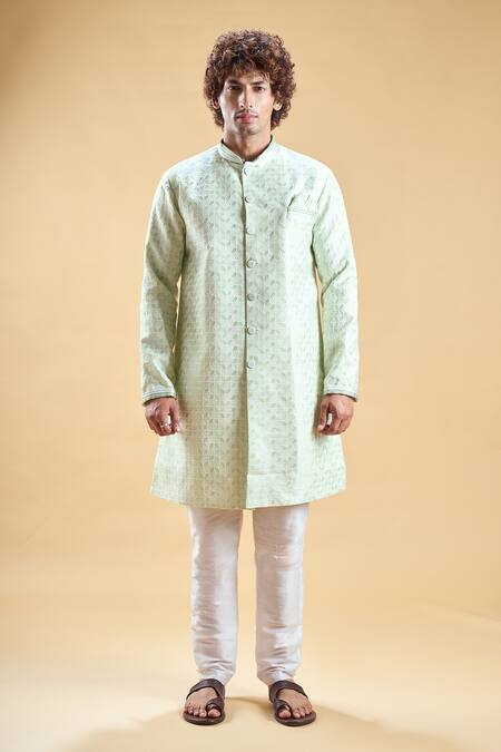 Buy Arihant Rai Sinha Green Jacquard, Silk, Cotton Sequins, Zari, Thread Sherwani With Pyjama Online at Aza Fashions Buy_Arihant Rai Sinha_Green Jacquard, Silk, Cotton Sequins, Zari, Thread Sherwani With Pyjama _Online_at_Aza_Fashions