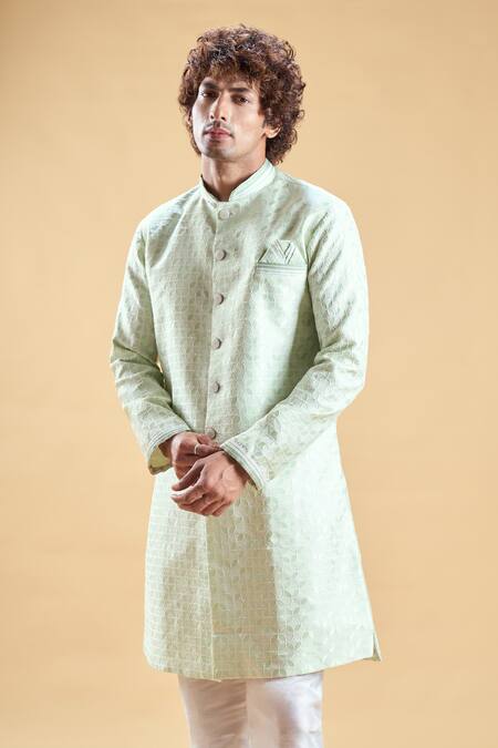 Arihant Rai Sinha Green Jacquard, Silk, Cotton Sequins, Zari, Thread Sherwani With Pyjama at Aza Fashions Arihant Rai Sinha_Green Jacquard, Silk, Cotton Sequins, Zari, Thread Sherwani With Pyjama _at_Aza_Fashions