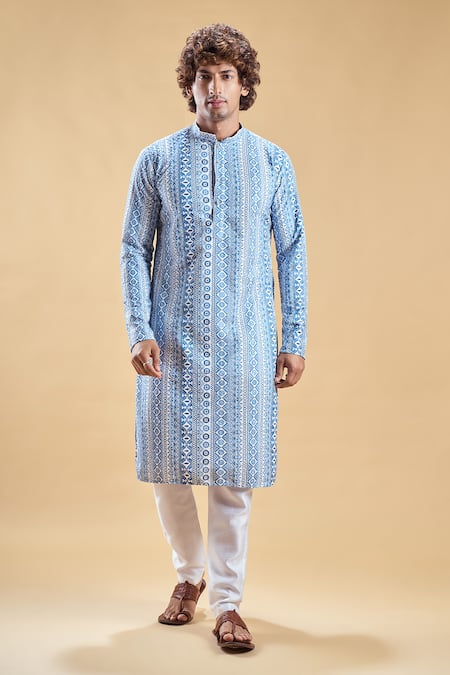 Buy_Arihant Rai Sinha_Blue Silk, Rayon Embroidery Mandala Thread Straight Kurta With Churidar _Online_at_Aza_Fashions