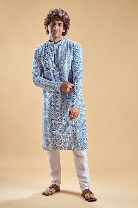 Shop_Arihant Rai Sinha_Blue Silk, Rayon Embroidery Mandala Thread Straight Kurta With Churidar _Online_at_Aza_Fashions