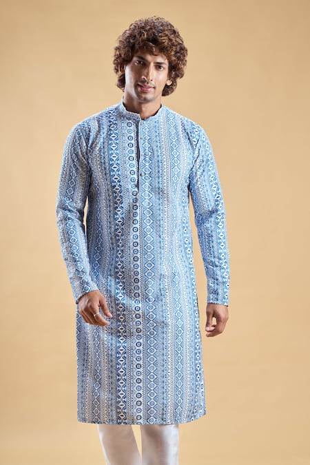 Arihant Rai Sinha_Blue Silk, Rayon Embroidery Mandala Thread Straight Kurta With Churidar _at_Aza_Fashions