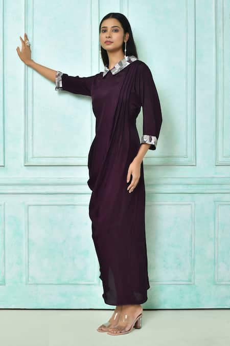 Buy_Samyukta Singhania_Magenta Silk Sequins Shawl Neck Side Draped Dress