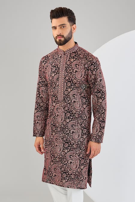 Kasbah_Black Chanderi Embroidery, Sequins Paisley Kurta _Online_at_Aza_Fashions