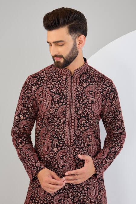 Buy_Kasbah_Black Chanderi Embroidery, Sequins Paisley Kurta _Online_at_Aza_Fashions