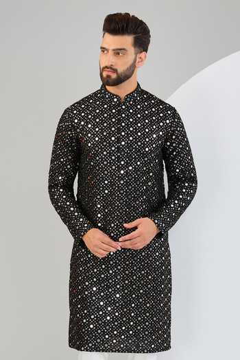 Kasbah_Black Silk Mirrors, Sequins Work Straight Kurta_Online_at_Aza_Fashions