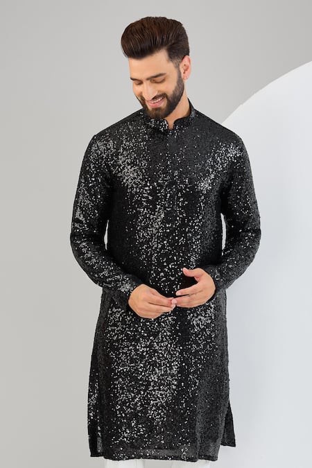 Kasbah_Black Georgette Sequins Embroidered Straight Kurta _Online_at_Aza_Fashions