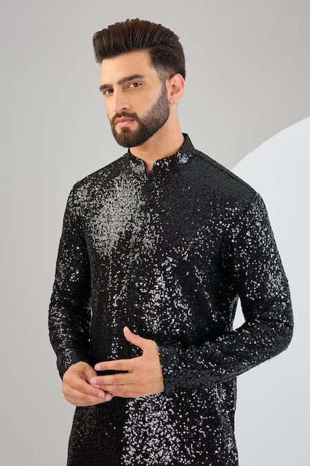 Buy_Kasbah_Black Georgette Sequins Embroidered Straight Kurta _Online_at_Aza_Fashions