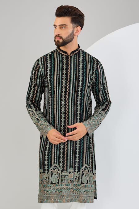 Kasbah_Black Georgette Embroidery Linear Chikankari Kurta _Online_at_Aza_Fashions