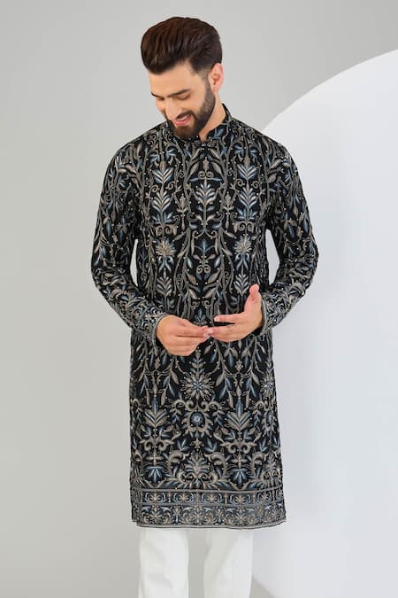 Kasbah_Black Georgette Embroidery, Sequins Chikankari Floral Kurta _Online_at_Aza_Fashions
