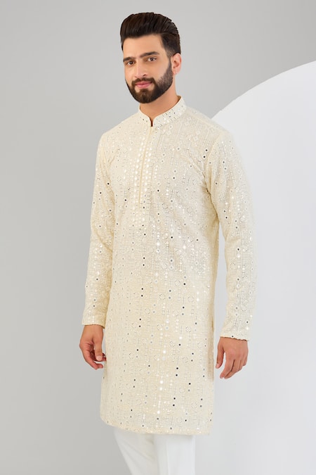 Kasbah_Ivory Georgette Embroidery Mirror Kurta _Online_at_Aza_Fashions