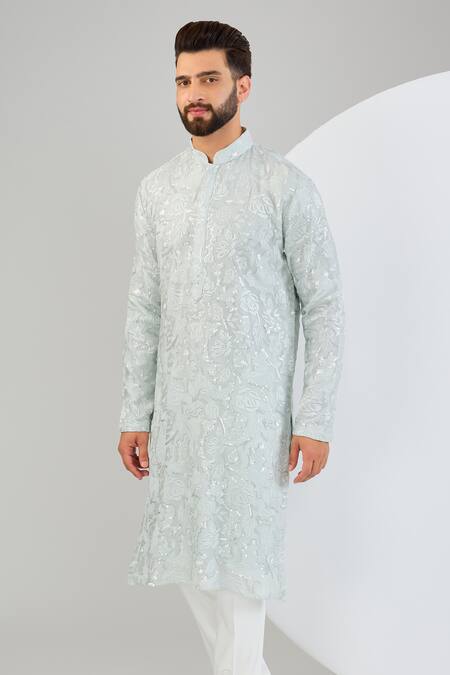 Kasbah_Blue Georgette Embroidery Tonal Floral Kurta _Online_at_Aza_Fashions