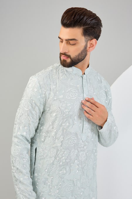 Buy_Kasbah_Blue Georgette Embroidery Tonal Floral Kurta _Online_at_Aza_Fashions