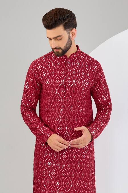 Kasbah_Red Silk Mirrors Work Straight Kurta _Online_at_Aza_Fashions