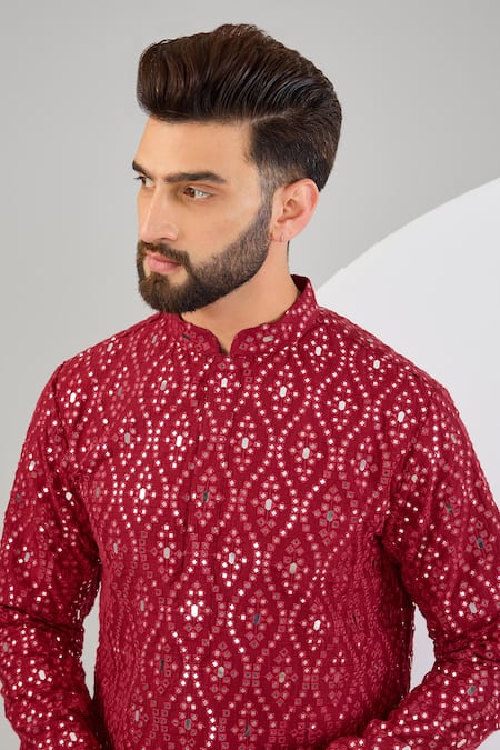Buy_Kasbah_Red Silk Mirrors Work Straight Kurta _Online_at_Aza_Fashions