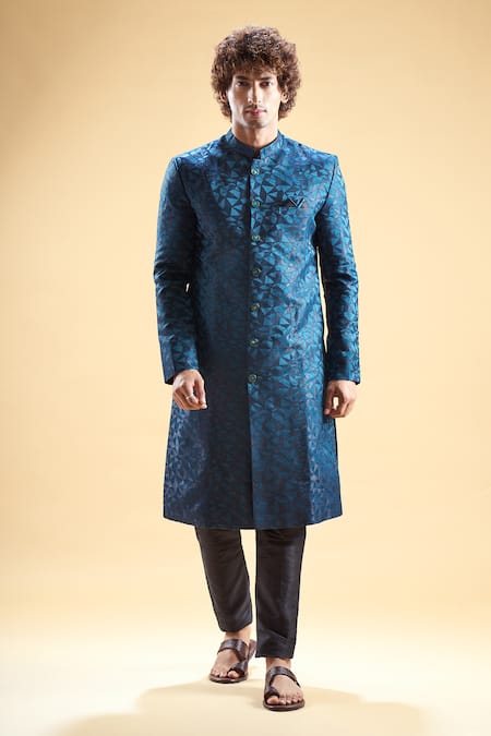 Arihant Rai Sinha_Blue Silk, Jacquard Embroidery Abstract Thread Sherwani With Pyjama _Online_at_Aza_Fashions