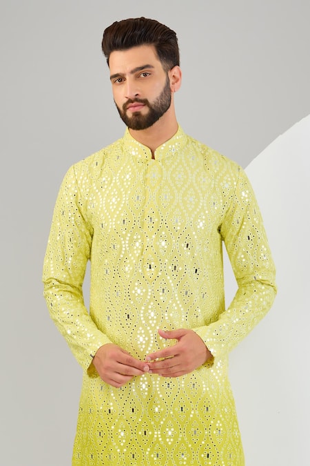 Kasbah_Yellow Silk Mirrors, Embroidery Ombre Kurta _Online_at_Aza_Fashions