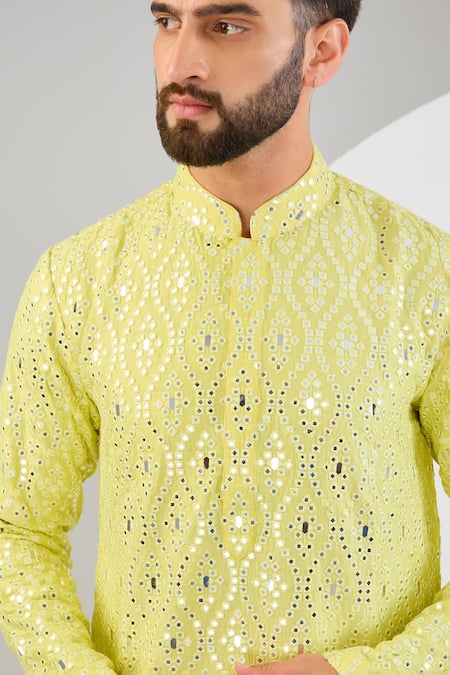 Buy_Kasbah_Yellow Silk Mirrors, Embroidery Ombre Kurta _Online_at_Aza_Fashions