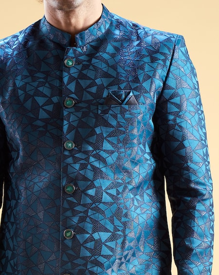 Arihant Rai Sinha_Blue Silk, Jacquard Embroidery Abstract Thread Sherwani With Pyjama _at_Aza_Fashions