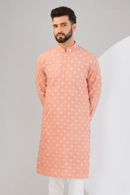 Kasbah_Pink Silk Embroidery Geometric Chikankari Kurta _Online_at_Aza_Fashions