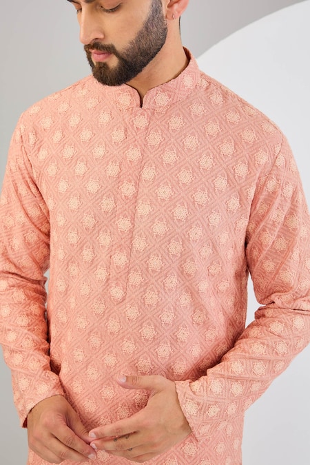 Buy_Kasbah_Pink Silk Embroidery Geometric Chikankari Kurta _Online_at_Aza_Fashions