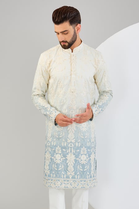 Kasbah_Multi Color Silk Embroidery, Sequins Floral Ombre Kurta _Online_at_Aza_Fashions