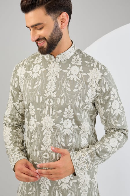 Buy_Kasbah_Green Silk Sequins, Embroidery Floral Chikankari Kurta _Online_at_Aza_Fashions