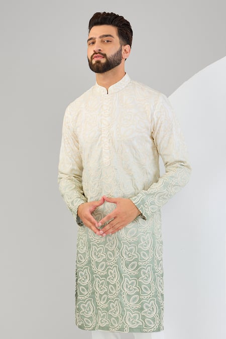 Kasbah_Green Silk Embroidery Two Tone Floral Kurta _Online_at_Aza_Fashions