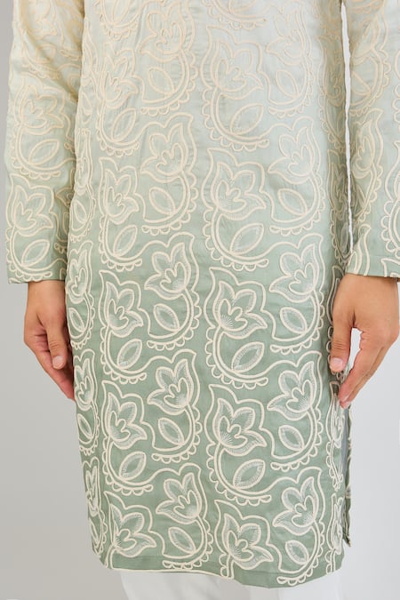 Buy_Kasbah_Green Silk Embroidery Two Tone Floral Kurta _Online_at_Aza_Fashions