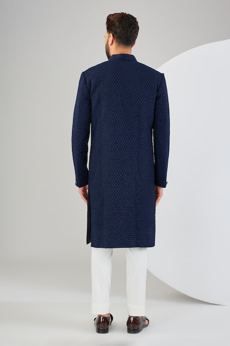 Shop_Kasbah_Blue Silk Embroidery Tonal Sherwani _at_Aza_Fashions
