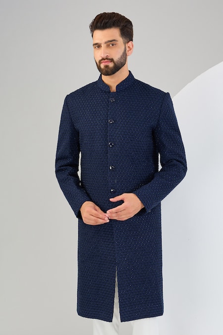 Kasbah_Blue Silk Embroidery Tonal Sherwani _Online_at_Aza_Fashions