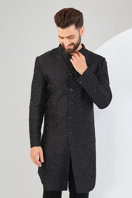 Kasbah_Black Silk Cut Work Tonal Cutdana Embroidered Sherwani _Online_at_Aza_Fashions