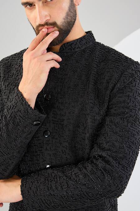 Buy_Kasbah_Black Silk Cut Work Tonal Cutdana Embroidered Sherwani _Online_at_Aza_Fashions