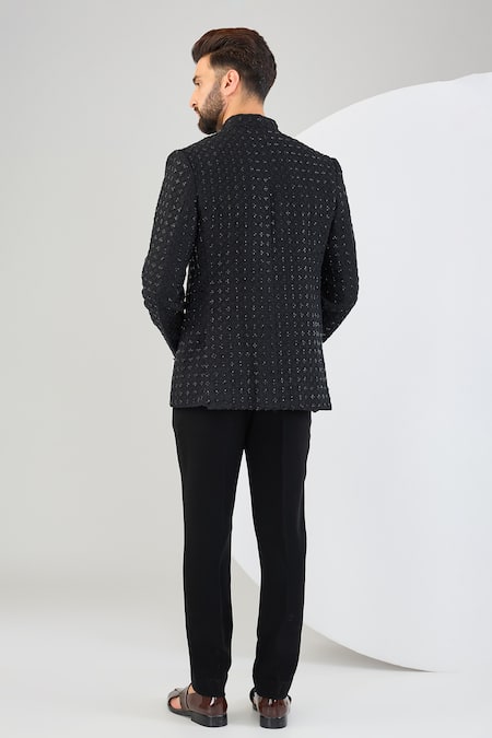 Shop_Kasbah_Black Silk Cut Work, Embroidery Floral Cutdana Bandhgala _at_Aza_Fashions