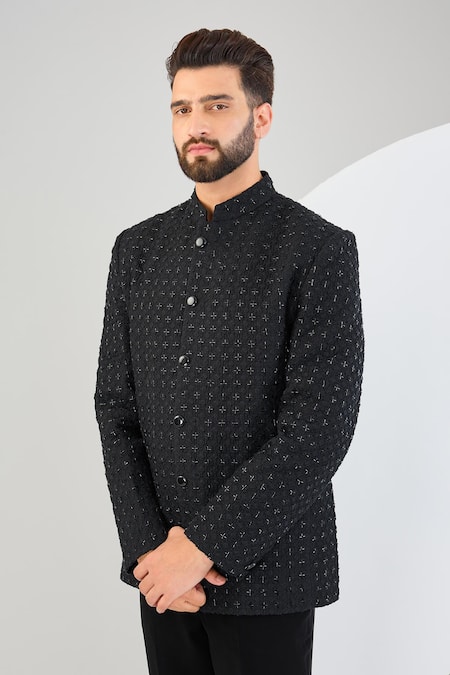 Kasbah_Black Silk Cut Work, Embroidery Floral Cutdana Bandhgala _Online_at_Aza_Fashions