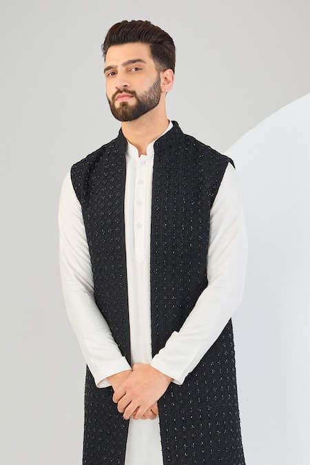 Kasbah_Black Silk Cut Work, Embroidery Cutdana Open Shrug _Online_at_Aza_Fashions