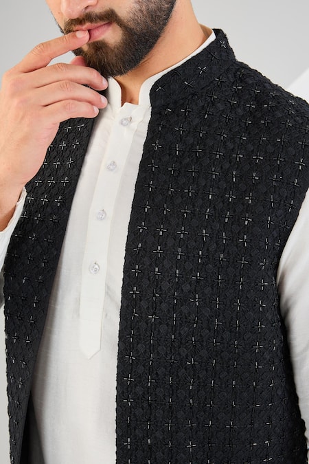 Buy_Kasbah_Black Silk Cut Work, Embroidery Cutdana Open Shrug _Online_at_Aza_Fashions