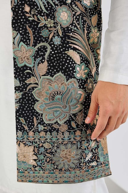 Kasbah_Black Georgette Sequins, Patchwork Flora Fauna Embroidered Open Shrug _Online_at_Aza_Fashions