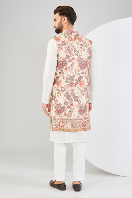 Shop_Kasbah_Beige Georgette Embroidery, Sequins, Patchwork Flora Fauna Open Shrug _at_Aza_Fashions