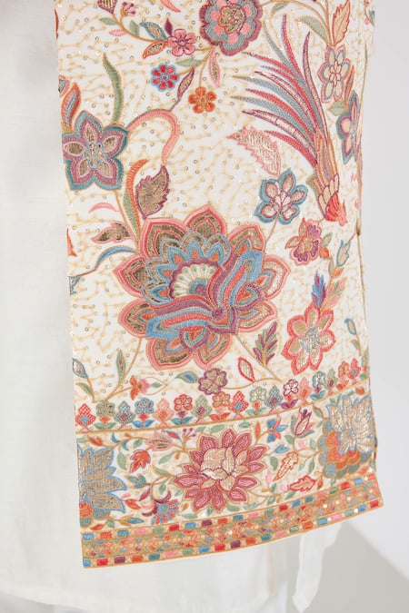 Kasbah_Beige Georgette Embroidery, Sequins, Patchwork Flora Fauna Open Shrug _Online_at_Aza_Fashions