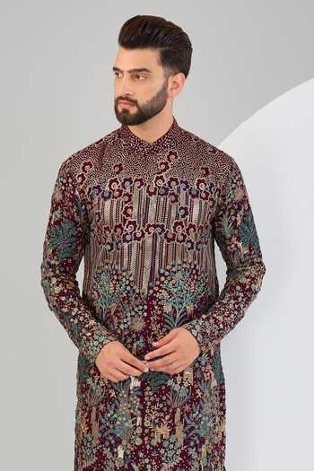 Kasbah Wine Georgette Embroidery Flora Fauna Kurta Online at Aza Fashions Kasbah_Wine Georgette Embroidery Flora Fauna Kurta _Online_at_Aza_Fashions