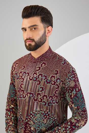 Buy Kasbah Wine Georgette Embroidery Flora Fauna Kurta Online at Aza Fashions Buy_Kasbah_Wine Georgette Embroidery Flora Fauna Kurta _Online_at_Aza_Fashions