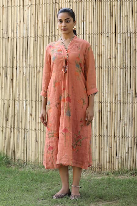 Label Kinjal Modi Peach Fine Chanderi Print Floral Bloom V Neck Midi Dress 