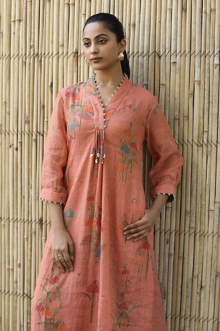 Buy_Label Kinjal Modi_Peach Chanderi Embroidery V-neck Floral Bloom Print Midi Dress _Online_at_Aza_Fashions