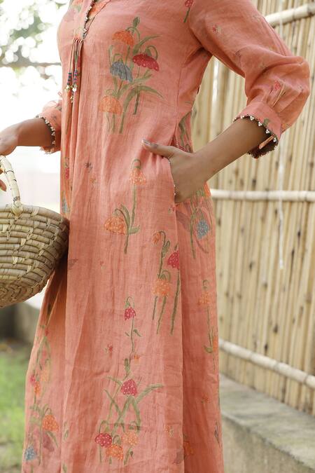 Shop_Label Kinjal Modi_Peach Chanderi Embroidery V-neck Floral Bloom Print Midi Dress _Online_at_Aza_Fashions
